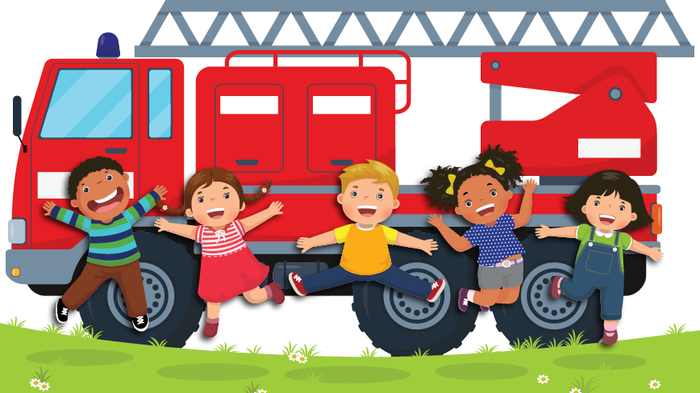儿童在消防车前的动画画面 